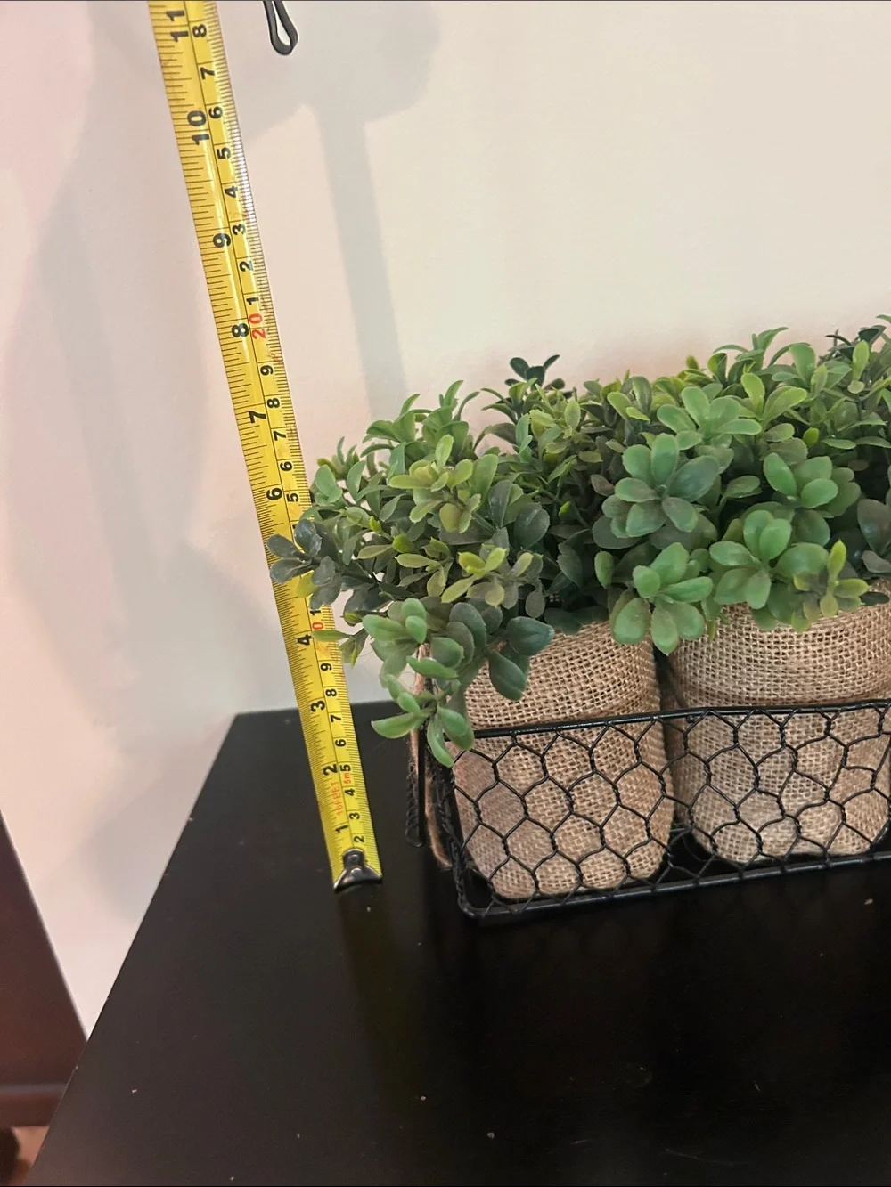 Burlap-Wrapped Faux Succulent Trio in Black Wire Basket